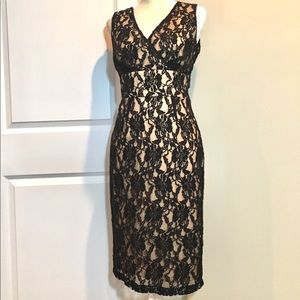 EUC Newport News tan and black lace overlay pencil dress